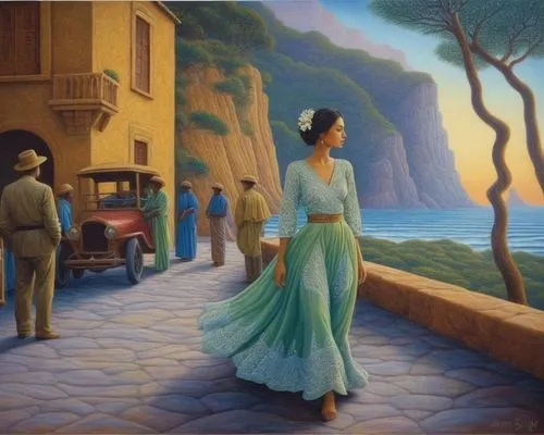 santiago di cuba,tretchikoff,hildebrandt,promenade,mostovoy,woman walking,caminos,follieri,nicaraguans,serenata,girl in a long dress,jagannathan,habanera,guantanamera,girl walking away,el salvador dali,tourneur,anacapri,positano,la violetta,Illustration,Realistic Fantasy,Realistic Fantasy 41