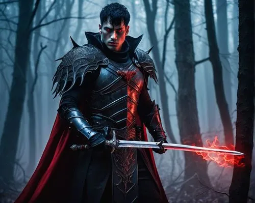 Dark fantasy, Hell Knight, male, muscular, 25yo, demonic red eyes, sharp facial features, black hair with red streaks, intricate armor, silver trim, red cape flowing behind, sword in hand, standing he