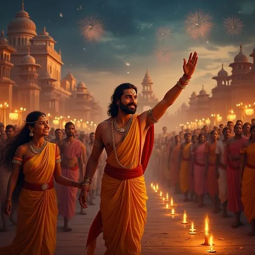 	The Return to Ayodhya: Rama, Sita, and Lakshmana are seen arriving in Ayodhya, greeted by the jubilant citizens. The city is beautifully decorated with rows of oil lamps (diyas), and the palace is il