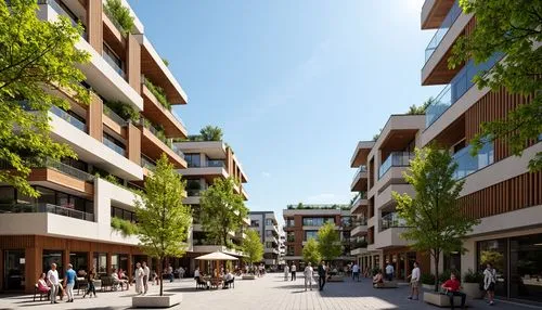 Vibrant marketplace, fusion of modern and traditional architecture, sustainable building materials, green roofs, solar panels, wind turbines, rainwater harvesting systems, living walls, urban farming,