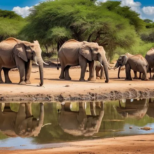 A waterhole of the most important animals,there are many elephants walking next to the water,african elephants,elephant herd,watering hole,waterhole,african elephant,elephants,tsavo,african bush eleph