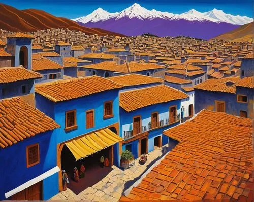 Inca-style architecture, Peru, ancient city, stone walls, intricate carvings, vibrant textiles, colorful ceramics, traditional Andean patterns, sunny day, clear blue sky, distant Andes mountains, Plaz