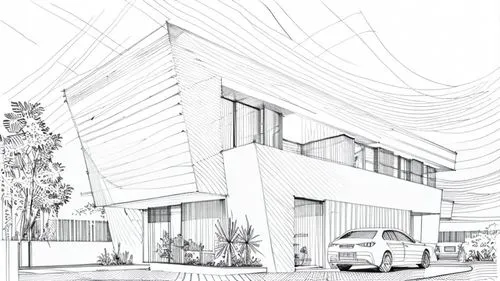 a drawing of a modern house with car parked in the driveway,sketchup,revit,house drawing,neutra,residencial,unbuilt,Design Sketch,Design Sketch,Hand-drawn Line Art