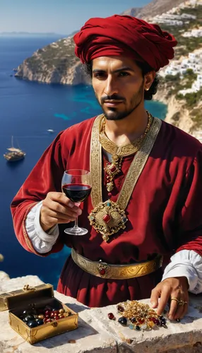 coast of the Greek coast, an Algerian merchant in expensive gold clothes with red sleeves, gold jewelry, holding a goblet of red wine in his hands, next to an open box, inside are precious stones,medi