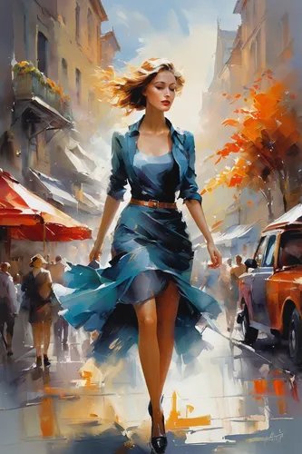 woman walking,girl walking away,world digital painting,little girl in wind,pedestrian,a pedestrian,a girl in a dress,girl in a long dress,digital painting,woman shopping,bougereau,fashionable girl,girl in a long,blue painting,italian painter,city ​​portrait,girl with a wheel,fashion vector,girl in cloth,on the street,Conceptual Art,Oil color,Oil Color 03