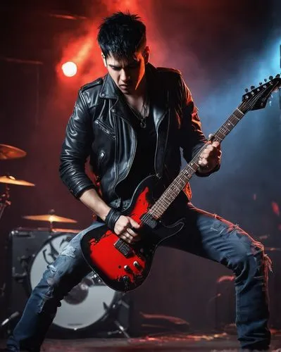 Rock musician, male, 30s, aggressive facial expression, bloody fingers, torn calluses, silver earrings, messy short black hair, black leather jacket, ripped blue jeans, black combat boots, holding ele