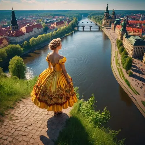 A captivating 3D close-up down-view render of a 36-year-old German woman standing on the banks of the majestic Elbe River running through the famous Dresden City, Germany. She has a stunning 1937 goin