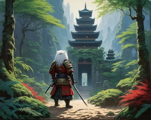 a majestic samurai roams the ancient Japanese enchanted land, surrounded by towering stone walls and towering lions. Its white fur is deep red with white stripes, and its large eyes fixate on a small 