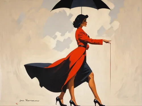 mary poppins,art deco woman,man with umbrella,fashion illustration,overhead umbrella,brolly,woman walking,umbrella,summer umbrella,vintage fashion,majorette (dancer),advertising figure,maraschino,stewardess,woman in menswear,vintage women,vintage illustration,cocktail umbrella,retro women,fashion vector,Conceptual Art,Oil color,Oil Color 24