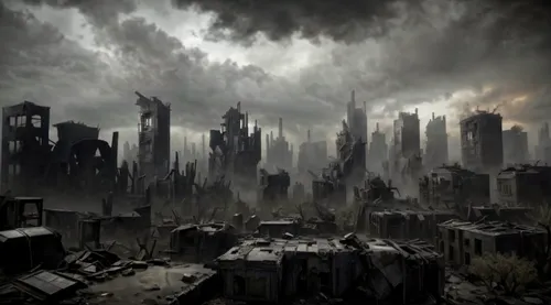 destroyed city,post-apocalyptic landscape,post apocalyptic,post-apocalypse,apocalyptic,black city,dystopian,desolation,the end of the world,environmental destruction,apocalypse,doomsday,end of the world,human settlement,wasteland,dark world,urbanization,stalingrad,industrial landscape,city in flames