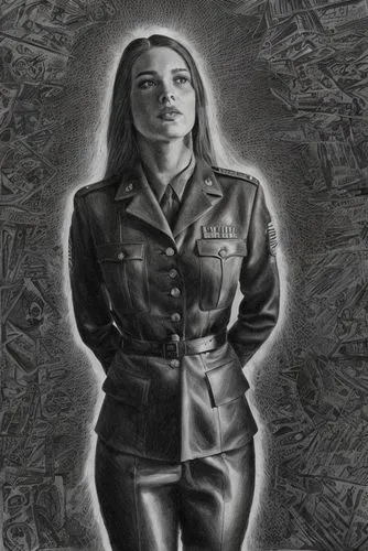 A heroine. Scalps: "Long straight hair - symmetry". Outfit: "Military Uniform". Styles: 1980s-inspired sketch art, better pencil drawing sketch.,rajavi,servicewoman,lyudmila,ilsa,vidya,charcoal drawin