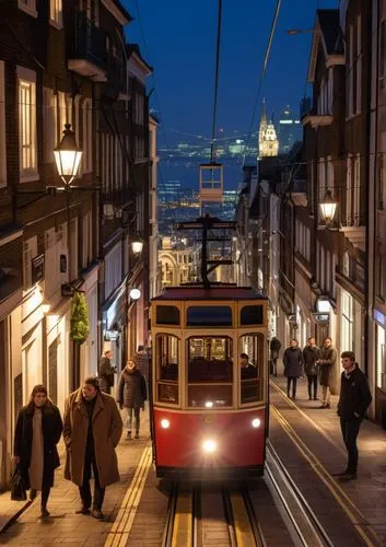 A cable car in the middle
London streets,a tram traveling down a street in the dark,the lisbon tram,tram,cable car,tramway,trams,cablecar,Photography,General,Realistic