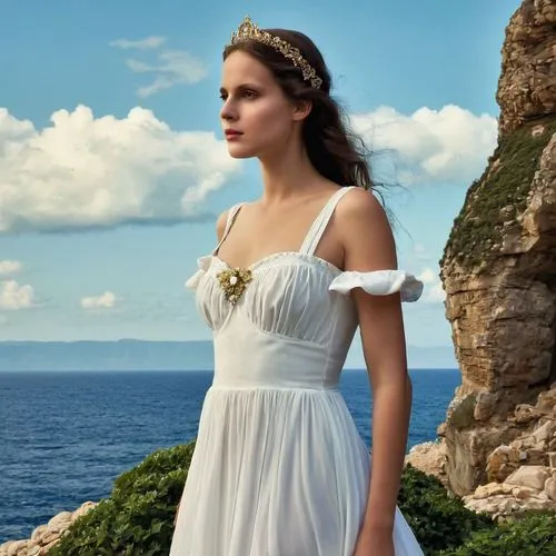 aphrodite,girl in white dress,bridal jewelry,white dress,aphrodite's rock,wedding dresses,bridal clothing,white winter dress,diadem,princess sofia,vanity fair,capri,summer crown,taormina,the sea maid,cape marguerite,cepora judith,greek mythology,wedding gown,enchanting,Photography,General,Realistic