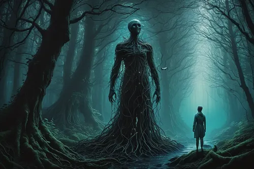 forest man,haunted forest,slender,the forest,creepy tree,rooted,dryad,forest dark,holy forest,sci fiction illustration,forest of dreams,tree man,fantasy picture,dark art,nature and man,in the forest,the woods,enchanted forest,elven forest,ghost forest,Illustration,Realistic Fantasy,Realistic Fantasy 19