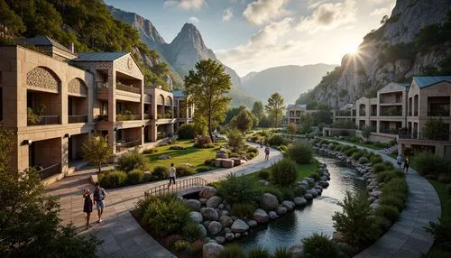 rivendell,alpine village,streamwood,building valley,ecovillages,aurora village,bogart village,ecotopia,citadels,amanresorts,riva del garda,mountain settlement,mountain village,vajont,green valley,hotel complex,3d rendering,mountain valley,kotor,riftwar