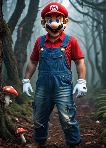 Cursed Mario, creepy atmosphere, twisted mustache, evil grin, red eyes, messy hair, worn-out clothes, ripped overalls, mushrooms with eyes, eerie forest, twisted trees, dark mist, foggy surroundings, 