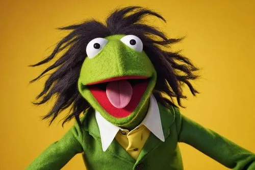 Kermit, Muppet character, screaming, open mouth, sharp teeth, green skin, bulging eyes, wild hair, yellow collar, felt texture, bright lighting, close-up shot, facial expression, emotional outburst, c