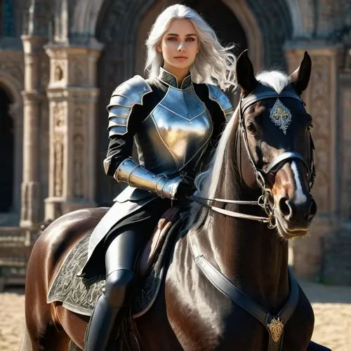 a gorgeous young woman knight wth silver hair and deep green eyes. She is looking straight to the camera. A realistic picture with very high resolution 8K. She is riding on a black horse. H-Cup.,daene