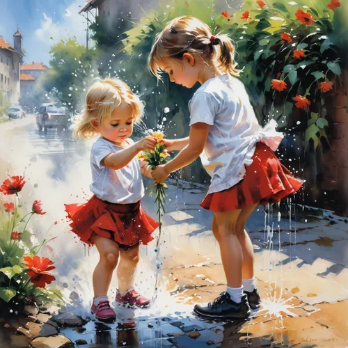 little girls,little girls walking,girl and boy outdoor,oil painting on canvas,oil painting,little boy and girl,childs,children girls,little angels,art painting,water balloons,flower painting,spray ros