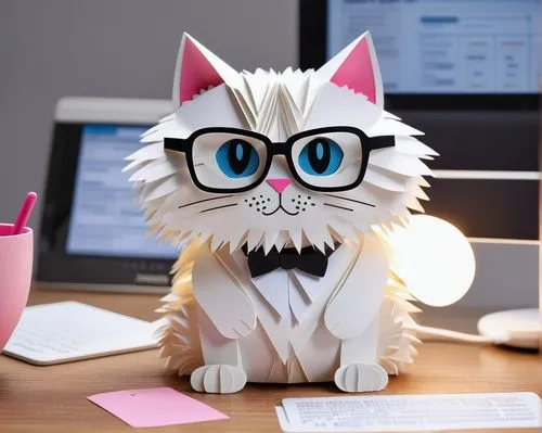 Cat, sitting, white fur, pink nose, blue eyes, wearing glasses, black collar with name tag, paws holding mouse, architectural desk lamp, software interface on screen, modern minimalist office, wooden 