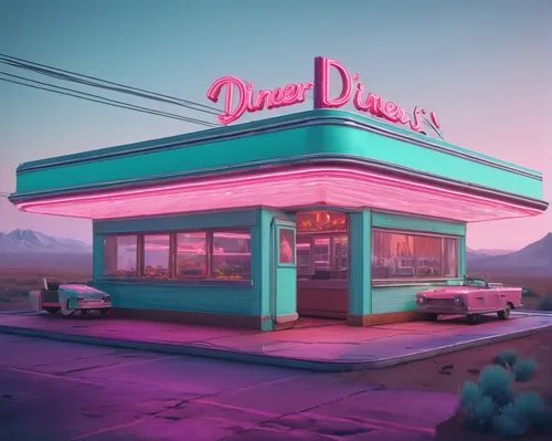 retro diner,diner,drive in restaurant,neon coffee,pink dawn,drive-in,drive through,dining,deli,fast food restaurant,retro styled,donut illustration,3d render,neon drinks,soda shop,80's design,retro background,ice cream shop,restaurants,motel,Conceptual Art,Sci-Fi,Sci-Fi 11