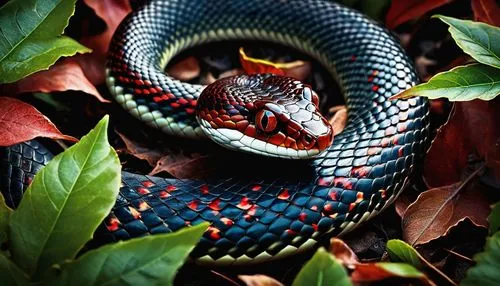 A vibrantly colored snake with piercing red eyes camouflaged among leaves. The image evokes a sense of mystery, danger, and the beauty of nature's intricate designs.,vipera,red bellied black snake,lam