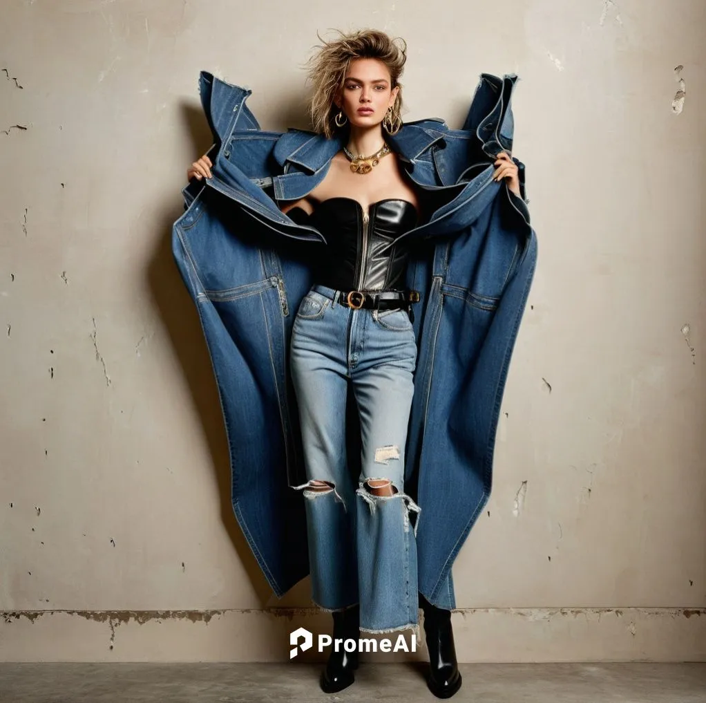 young woman posing fashion full body, denim bustier, high quality,a young woman is holding her jacket up,denim fabric,denim,denim shapes,denim jumpsuit,miseducation,denim background,Photography,Fashio