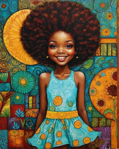 afro american girls,afro-american,afro,afroamerican,african art,oil painting on canvas,oil on canvas,african american woman,afro american,african woman,girl portrait,tiana,girl in a wreath,maria bayo,boho art,young girl,girl in flowers,a girl's smile,hula,merida,Illustration,Abstract Fantasy,Abstract Fantasy 10