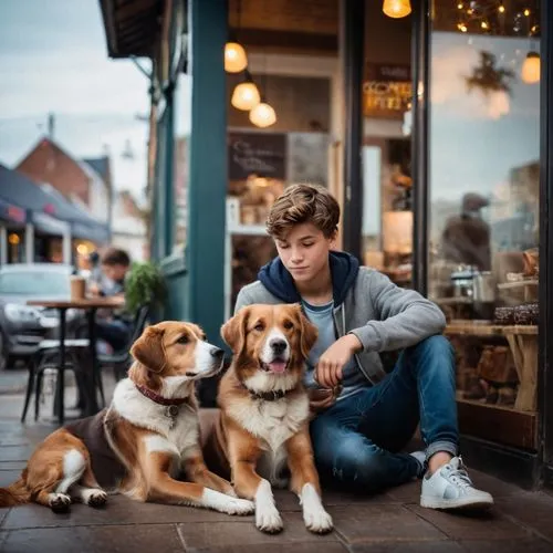 dog cafe,boy and dog,three dogs,beagles,barkus,st bernard outdoor,Photography,General,Cinematic