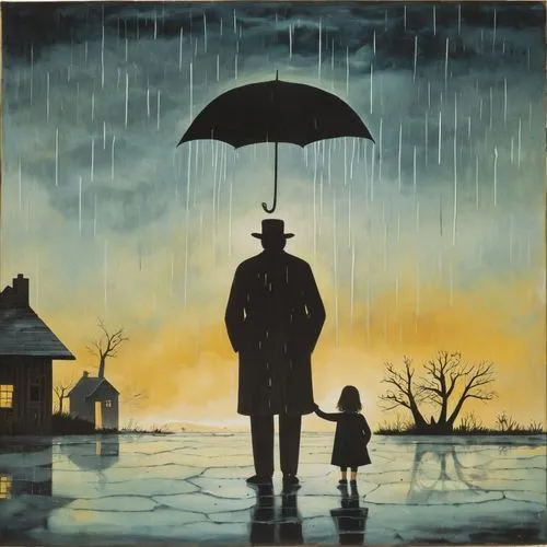 man with umbrella,mary poppins,little girl with umbrella,brolly,walking in the rain,poppins,rainman,oil painting on canvas,rainfall,father's love,the sun and the rain,pluie,rainswept,impermeable,rainfalls,magritte,art painting,golden rain,unforgiven,rainsborough,Art,Artistic Painting,Artistic Painting 47