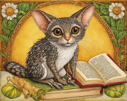 Write a heartwarming children's story about Yola, a curious little creature who embarks on an exciting adventure to find their true purpose in life.,book illustration,pet portrait,reading owl,cat port