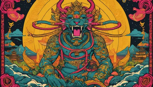 bodhisattva,mantra om,sun god,shamanic,buddhist hell,vajrasattva,tapestry,psychedelic art,dharma,sacred lotus,buddha,temples,pachamama,shakyamuni,amano,garuda,dragon of earth,laser buddha mountain,deity,sea god,Illustration,American Style,American Style 10