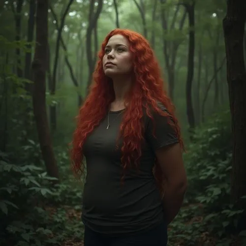 in the forest,red long hair,young woman,chubby,long hair,nature,Photography,General,Realistic