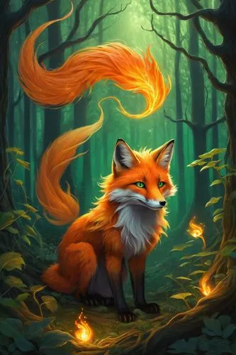 Mysterious foxfire, KotLC, ancient magical creature, solo, (500yo), fiery orange fur, nine tails, piercing green eyes, mystical aura, dark forest, misty atmosphere, twinkling fireflies, glowing mushro