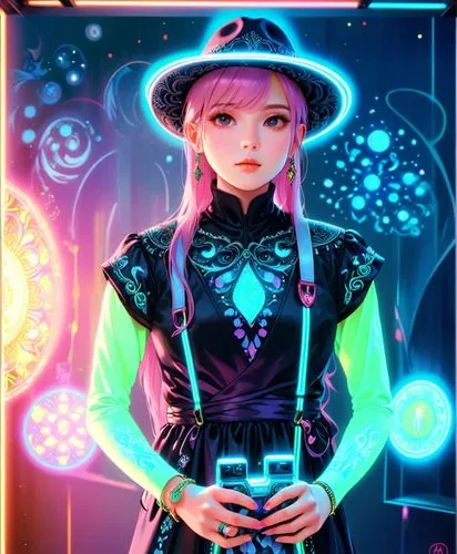 glow in the dark dress , photographer,,a character with pink hair in black dress,neon light,futurepop,neon,neon lights,neon candies,luminous,Anime,Anime,General