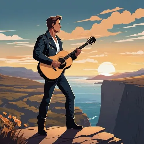 Ulysses, mature man, muscular build, short brown hair, strong facial features, blue eyes, worn leather jacket, white shirt, dark jeans, black boots, holding a guitar case, standing on a cliff, overloo