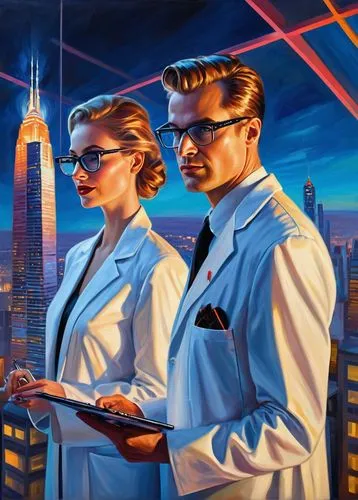 Futuristic architectural technologists, male and female, 30s, modern stylish hair, glasses, formal wear, lab coats, tablets, futuristic gadgets, sleek skyscraper, cityscape, neon lights, evening, pano