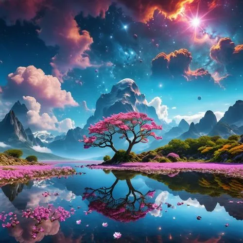 fantasy landscape,fantasy picture,fairy world,3d fantasy,fractal environment,purple landscape,colorful tree of life,mushroom landscape,landscape background,colorful background,magic tree,fairy forest,fairy galaxy,unicorn background,acid lake,full hd wallpaper,3d background,world digital painting,background colorful,creative background,Photography,General,Realistic