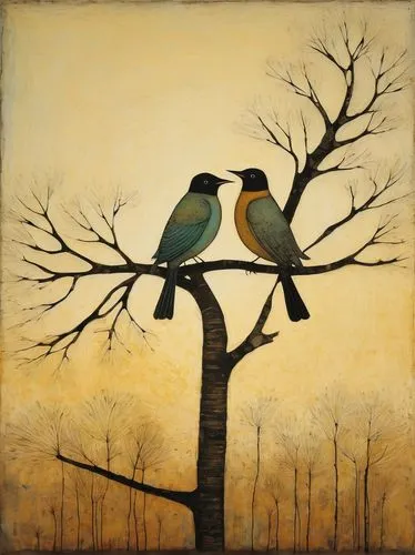 birds on a branch,songbirds,birds on branch,bird couple,perched birds,bird painting,Art,Artistic Painting,Artistic Painting 49