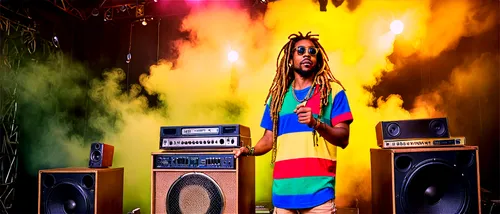 Reggae music stage, Jamaican DJ, dreadlocks hair, sunglasses, colorful shirt, gold chain necklace, microphone in hand, vinyl records, speaker cabinets, warm stage lighting, smoke effects, shallow dept