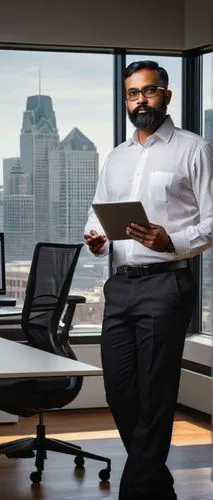 Security expert, Jay Ramachandran, standing, confident posture, glasses, short black hair, beard, white shirt, black trousers, holding a tablet, designing security architecture solutions, PDF on scree