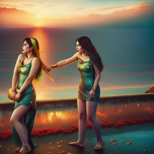 An amazing nude japanese young woman  with red lips and green eyes,two girls stand near each other on a beach,photo manipulation,photoshop manipulation,image manipulation,photomanipulation,bodypaintin