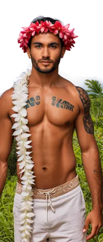 Tahitian man, muscular, shirtless, tribal tattoos, islander, flower garland, traditional tiare flower crown, feather accessories, woven pareo, standing, powerful pose, tropical background, warm sunlig