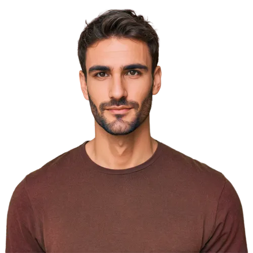 Male face, strong jawline, prominent nose, deep eyes, thick eyebrows, short messy brown hair, slight beard, gentle smile, 3/4 composition, close-up shot, soft natural lighting, warm color tone.,nyle,z