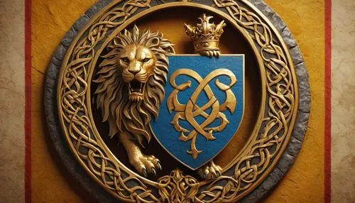 Family crest, medieval-inspired, golden frame, intricate design, coat of arms, heraldic symbols, lions, eagles, crowns, fleur-de-lis, bold font, Celtic knot patterns, vintage paper texture, warm light