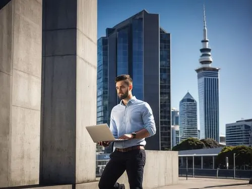 Modern architecture, part-time job, Auckland city, 30yo male, casual attire, laptop bag, coffee cup, standing, leaning on a concrete pillar, urban background, glass skyscraper, steel beams, minimalist