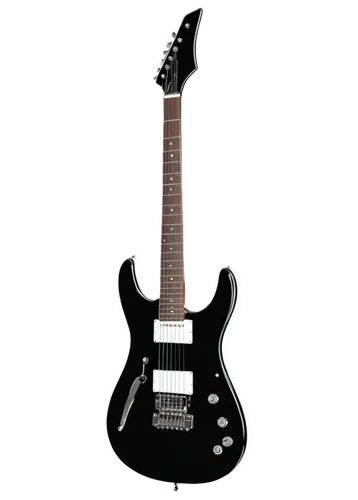 Electric rock guitar, shiny black body, metallic silver hardware, white pickguard, skinny strap, fingers pressing strings, palm muting, iconic shape, spotlight shining down, dark background, shallow d