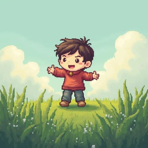 throwing leaves,kaneda,flying dandelions,pixeljunk,kids illustration,villager