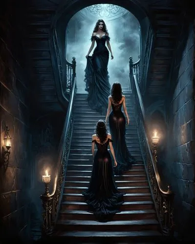 sorceresses,gothic portrait,priestesses,fantasy picture,gothic style,gothic dress,temptresses,dark art,girl on the stairs,mourners,stairway,covens,gothic woman,gothic,gothika,dark gothic mood,staircase,vampyres,fantasy art,the threshold of the house,Conceptual Art,Fantasy,Fantasy 34