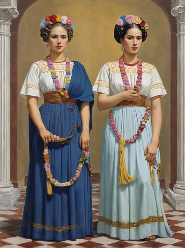 cepora judith,folk costumes,aztecs,traditional costume,ancient costume,diademhäher,hispania rome,hipparchia,two girls,khokhloma painting,zoroastrian novruz,habaneras,apulia,pyrrhula,virgos,greek orthodox,lindos,peruvian women,hellenic,burgos-rosa de lima,Art,Classical Oil Painting,Classical Oil Painting 02